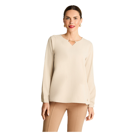 Blusa Manga Larga Con Aplicación En Escote Beige-0