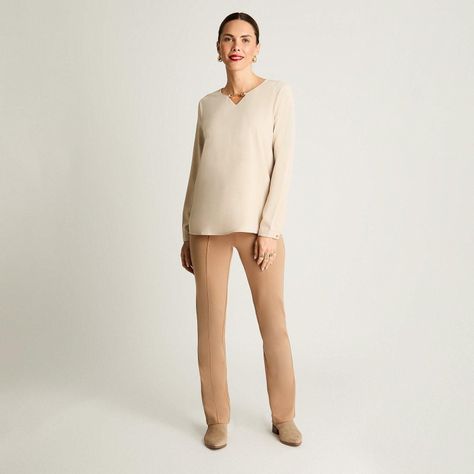 Blusa Manga Larga Con Aplicación En Escote Beige-3