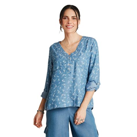 Blusa Azul Medio Manga Larga Cuello V-0