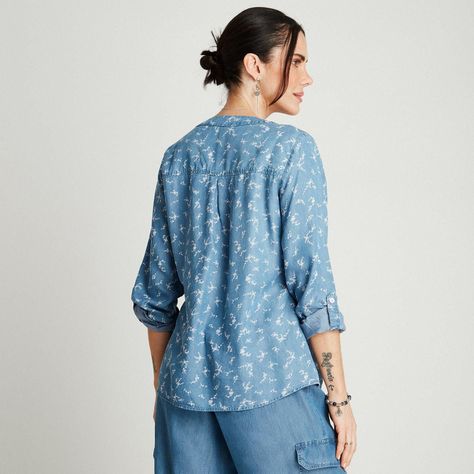 Blusa Azul Medio Manga Larga Cuello V-1