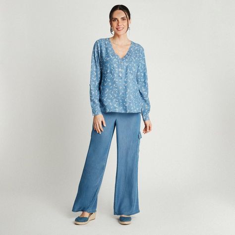 Blusa Azul Medio Manga Larga Cuello V-3