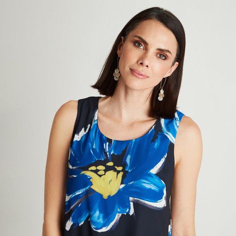 Vestido Corto Azul Sin Manga Estampado Cuello Redondo-1