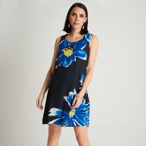 Vestido Corto Azul Sin Manga Estampado Cuello Redondo-4