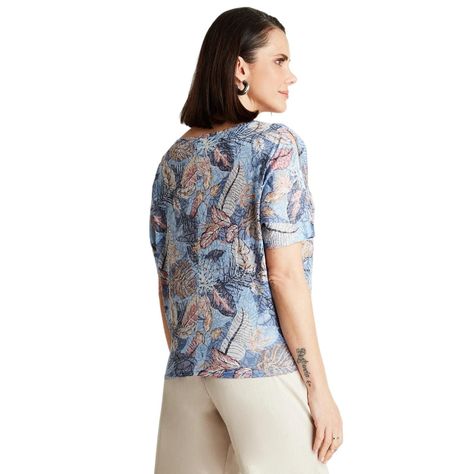 Polera Azul Manga Corta Estampado Cuello V-0