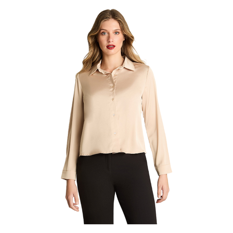 Blusa Manga Larga Camisera Satinada Beige-0