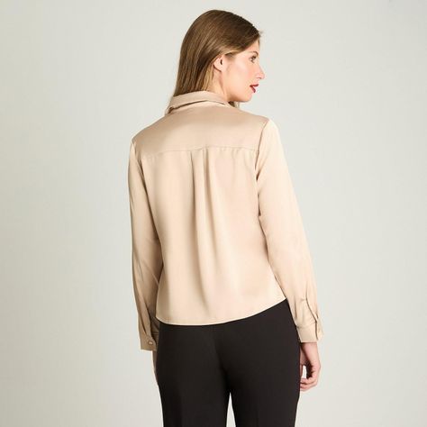 Blusa Manga Larga Camisera Satinada Beige-1