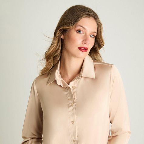 Blusa Manga Larga Camisera Satinada Beige-2