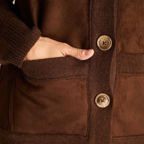Cardigan Mix Fabric Con Aplicación De Suede Bonded Y Bolsillos Delanteros Café-1