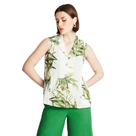 Blusa Beige Sin Manga Estampado Cuello Solapa-0