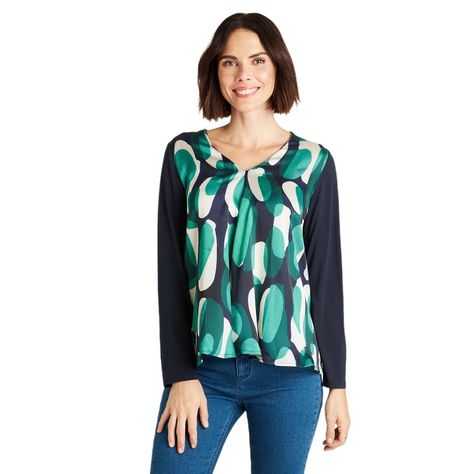 Polera Mix Fabric Estampada Con Cuello En V Azul-0