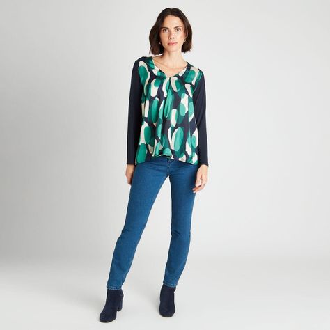 Polera Mix Fabric Estampada Con Cuello En V Azul-3
