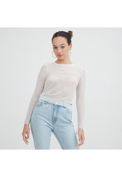 Polera Mech Manga Larga con Strass Blanco-0