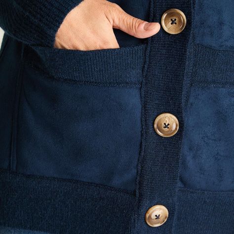 Cardigan Mix Fabric Con Aplicación De Suede Bonded Y Bolsillos Delanteros Azul-1