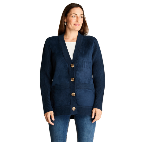 Cardigan Mix Fabric Con Aplicación De Suede Bonded Y Bolsillos Delanteros Azul-4
