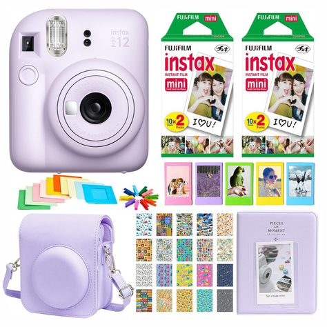 SET COMPLETO CÁMARA FUJIFILM INSTAX MINI 12 LILA +40 PELÍCULAS +ACCESORIOS-1