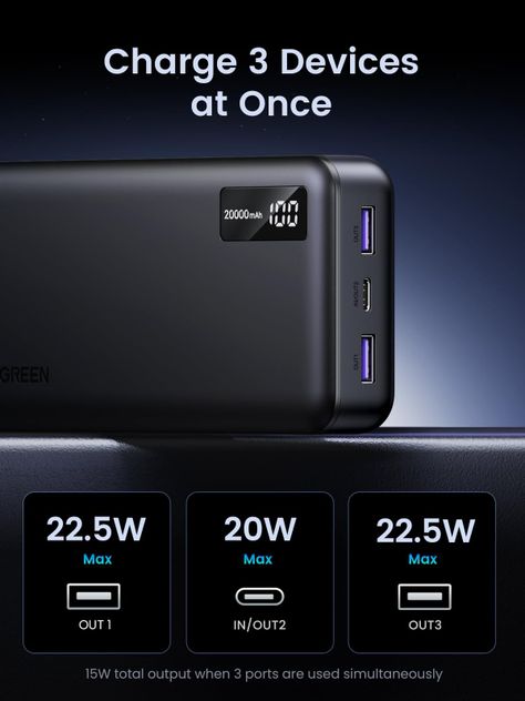 Batería externa UGREEN 20000 mAh 22,5 W con carga rápida USB C PD 3.0-2