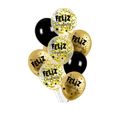 Set De Globos Latex Feliz Cumpleaños Negro Dorado 9Pcs-0
