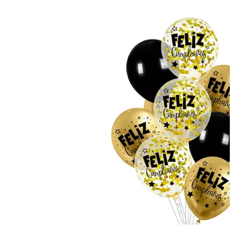 Set De Globos Latex Feliz Cumpleaños Negro Dorado 9Pcs-1