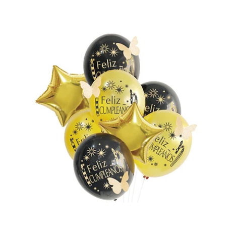 Set Globos Feliz Cumpleaños Dorado Negro Mariposa 8Pcs 30Cm-0