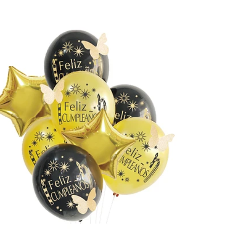 Set Globos Feliz Cumpleaños Dorado Negro Mariposa 8Pcs 30Cm-1