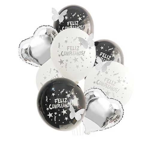 Set De Globos Feliz Cumpleaños Blanco Y Negro Con Mariposa-0
