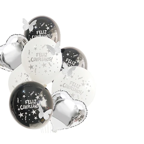 Set Globos Feliz Cumpleaños Blanco Negro Mariposa 8Pcs 30Cm-1
