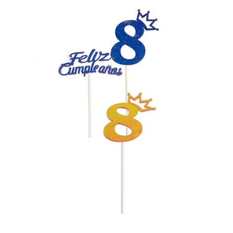 Topper N.º 8 Feliz Cumpleaños Con Corona Color Aleatorio-0
