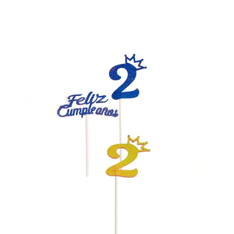 Topper N.º 2 Feliz Cumpleaños Con Corona Color Aleatorio-1