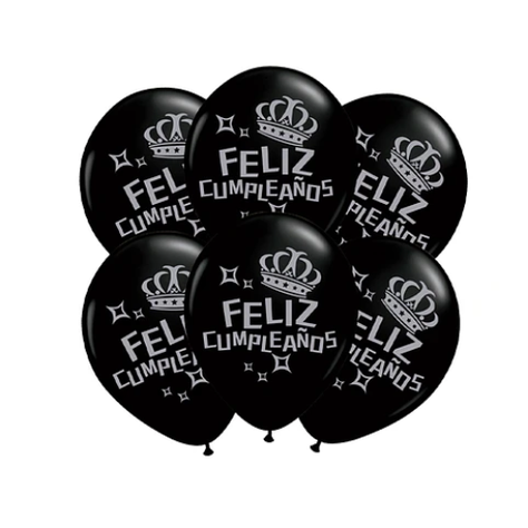 Globos De Latex Negro Feliz Cumpleaños Con Corona 6Pcs 30Cm-0