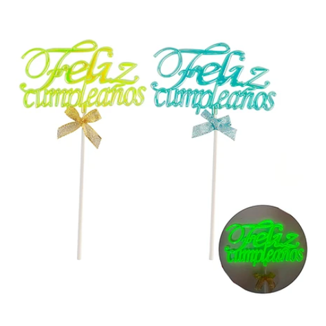 Topper Luminoso Feliz Cumpleaños Color Aleatorio 12,5x21,5cm-0
