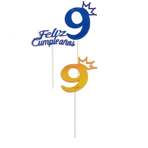 Topper N.º 9 Feliz Cumpleaños Con Corona Color Aleatorio-0
