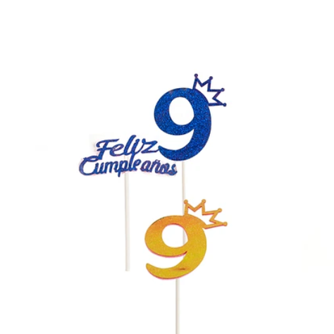Topper N.º 9 Feliz Cumpleaños Con Corona Color Aleatorio-1