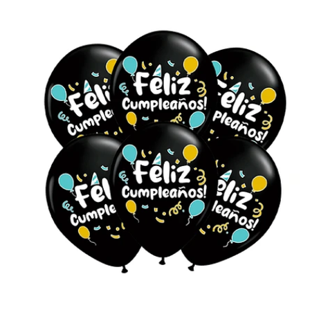 Globos De Latex Negro Feliz Cumpleaños 6Pcs 30Cm-0