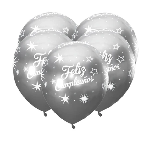 Globos Cromado Feliz Cumpleaños Plateado 5pcs 30cm-0