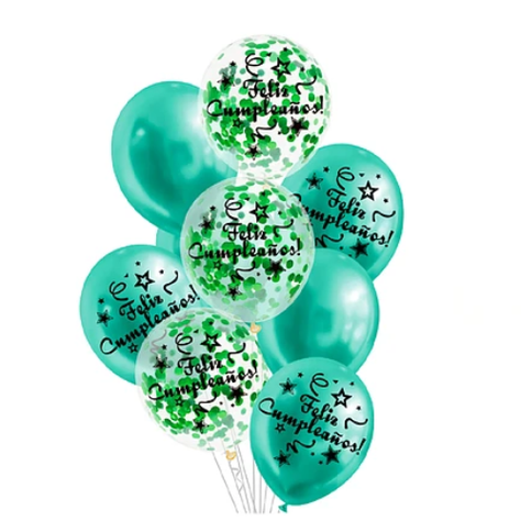 Set De Globos Látex Feliz Cumpleaños Verde Confeti 9 Pcs-0