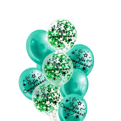 Set De Globos Látex Feliz Cumpleaños Verde Confeti 9 Pcs-1
