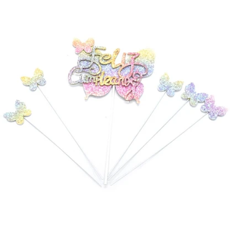 Topper De Mariposa Feliz Cumpleaños 6pcs 12x20cm-0