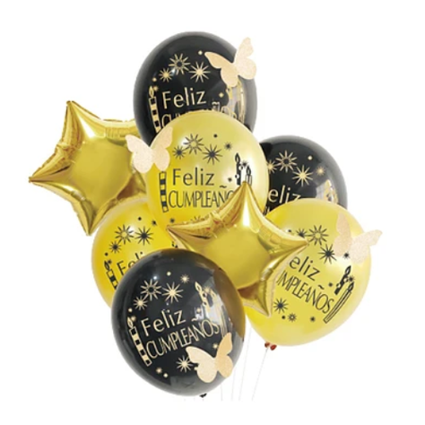 Set De Globos Feliz Cumpleaños Dorado Y Negro Con Mariposa -0