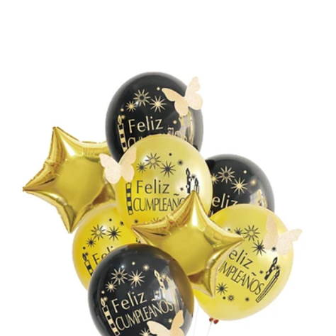 Set De Globos Feliz Cumpleaños Dorado Y Negro Con Mariposa -1