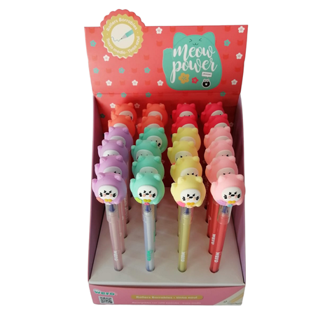 DISPLAY 24PCS BOLIGRAFOS BORRABLES MEOW POWER.-0