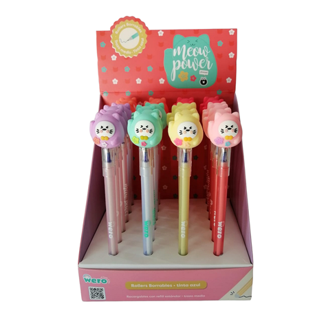 DISPLAY 24PCS BOLIGRAFOS BORRABLES MEOW POWER.-1