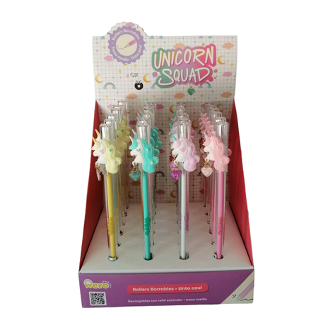 DISPLAY 24PCS BOLIGRAFOS BORRABLES UNICORN SQUAD.-1