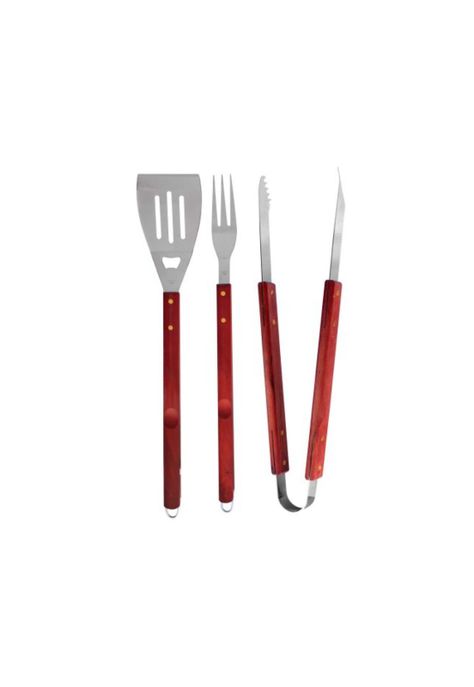 Set Asado Parrilla 3 Piezas Acero Inoxidable Mango Madera-1