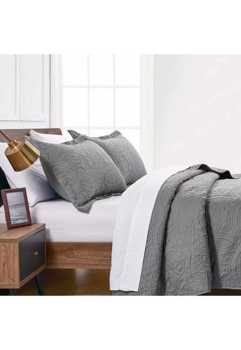 Cubrecama Quilt Reversible Queen 228x228 CM Más Fundas Almohada Gris-2