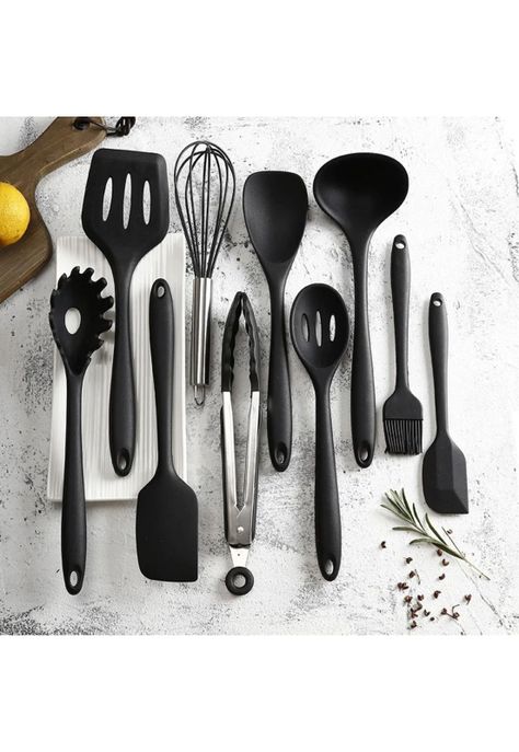 Set 10 Utensilios Cocina Silicona Antiadherente Negro-4