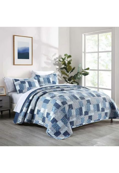 Cubrecama Quilt Reversible Queen 228x228 CM Más Fundas Almohada Azul Blanco-1