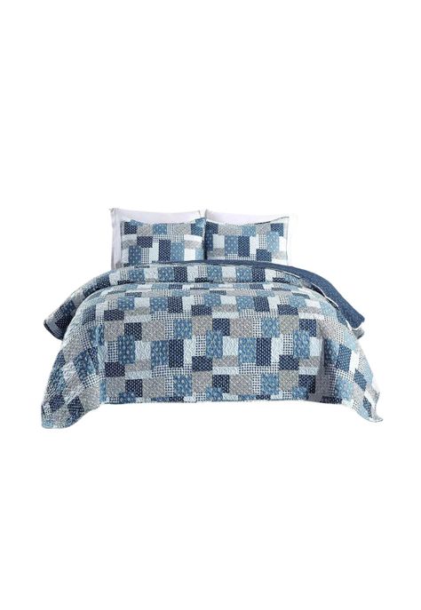 Cubrecama Quilt Reversible Queen 228x228 CM Más Fundas Almohada Azul Blanco-2
