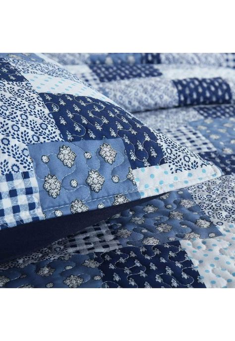 Cubrecama Quilt Reversible Queen 228x228 CM Más Fundas Almohada Azul Blanco-3