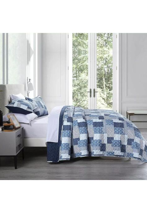 Cubrecama Quilt Reversible Queen 228x228 CM Más Fundas Almohada Azul Blanco-4