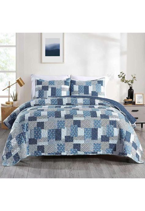 Cubrecama Quilt Reversible Queen 228x228 CM Más Fundas Almohada Azul Blanco-5